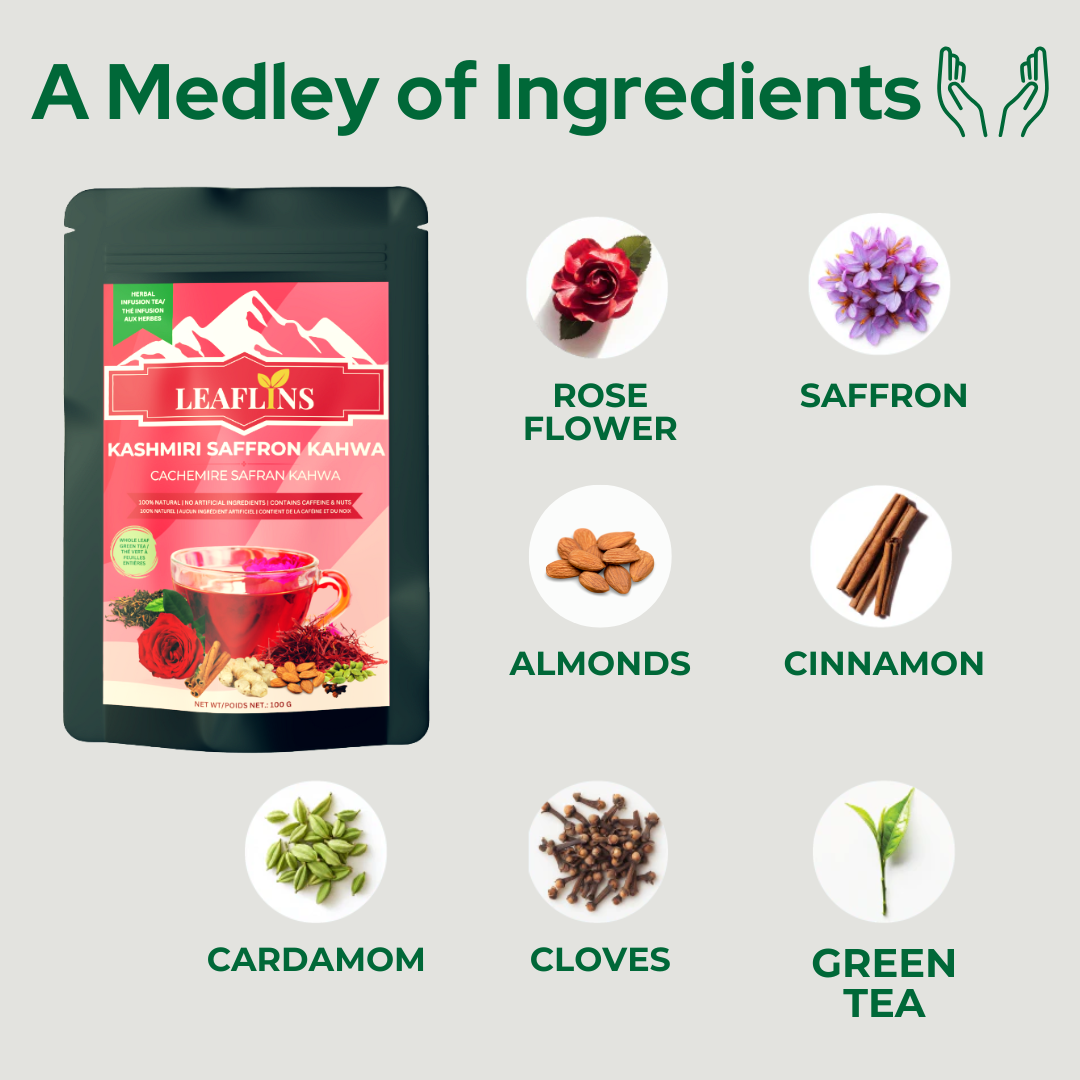 Kashmiri Saffron Kahwa Green Tea, Loose Leaf Tea (100g | 50+Cups)